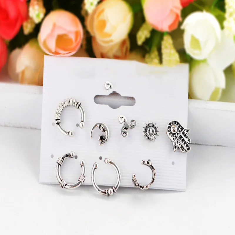 8Pcs/Set Bohemia Hamsa hand clip earring Punk Sun Moon Leaf Earculf No Piercing Earring Vintage Kolczyki Metal Boucle D'Ore
8Pcs/Set Bohemia Hamsa hand clip earring Punk Sun Moon Leaf Earculf No Piercing Earring Vintage Kolczyki Metal Boucle D'Ore