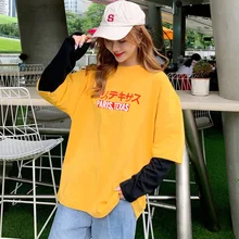Harajuku Ulzzang camiseta Oversize letra Patchwork camisetas de manga larga mujeres coreanas 2019 otoño camiseta mujer Casual negro tops(China)