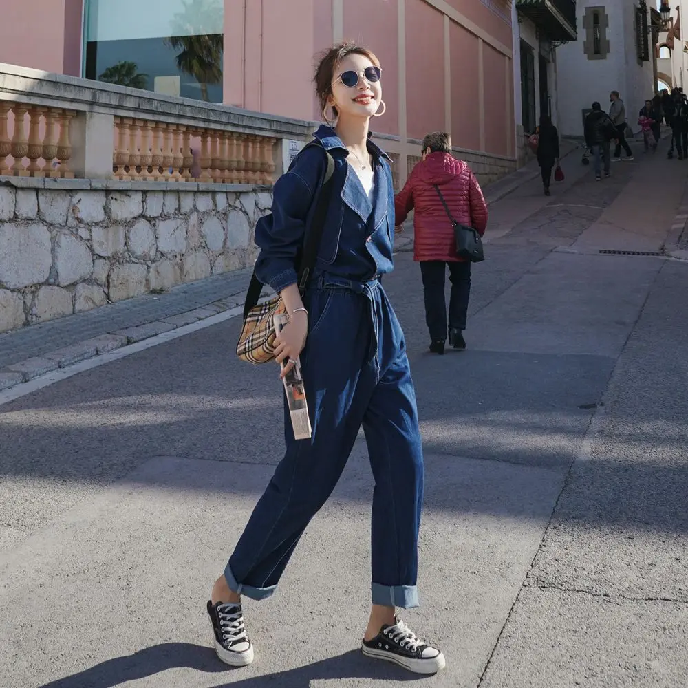 Spring Autumn Fashion Style Women's Wear Tighten The Waist Lace Up Retro Lazy Dark Blue Denim Jumpsuit
Spring Autumn Fashion Style Women's Wear Tighten The Waist Lace Up Retro Lazy Dark Blue Denim Jumpsuit