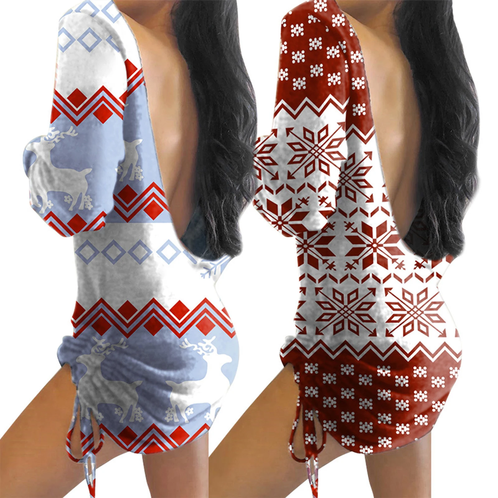 Women Christmas Print Dress, Casual Style Long Sleeve U-shaped Neck Drawstring One-piece Clothes 
Women Christmas Print Dress, Casual Style Long Sleeve U-shaped Neck Drawstring One-piece Clothes