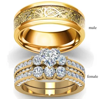 Carofeez Fashion Jewelry Lover's Ring Wedding Gold-Color Women Heart Zircon Rings Set Vintage Dragon Stainless Steel Men Ring 
Carofeez Fashion Jewelry Lover's Ring Wedding Gold-Color Women Heart Zircon Rings Set Vintage Dragon Stainless Steel Men Ring