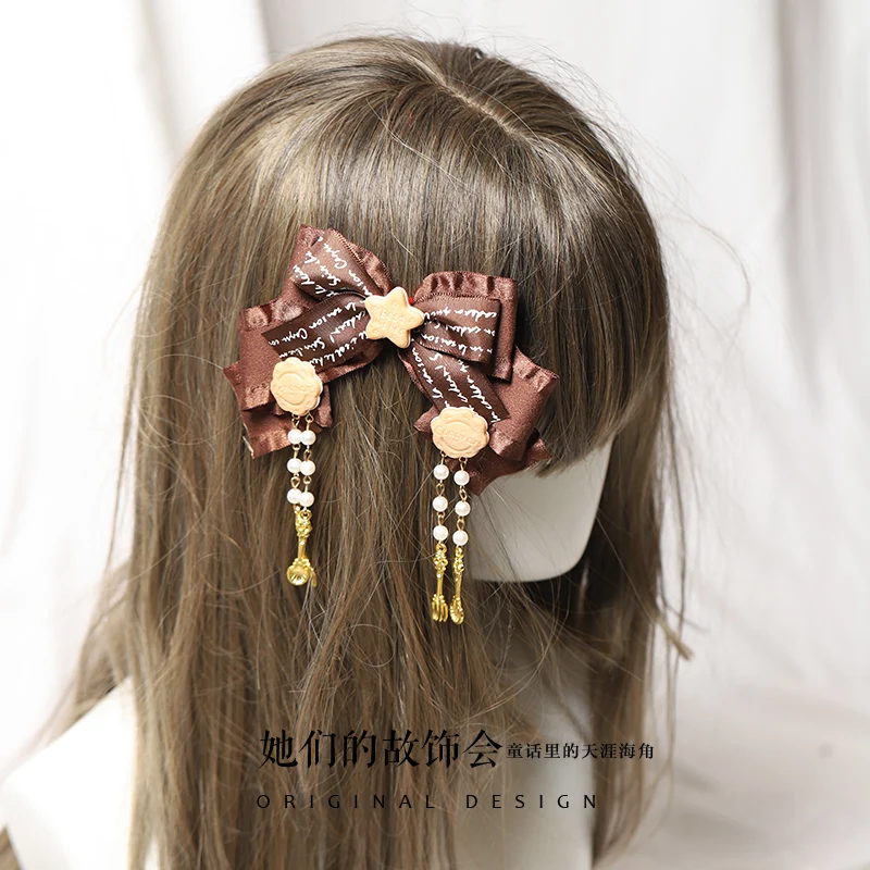 

Brown Biscuit Chocolate Tiramisu Large Bowknot Pearl Tassel Hairpin Cosplay Soft Girl Lolita Kawaii Hair Clip Hair Ornaments