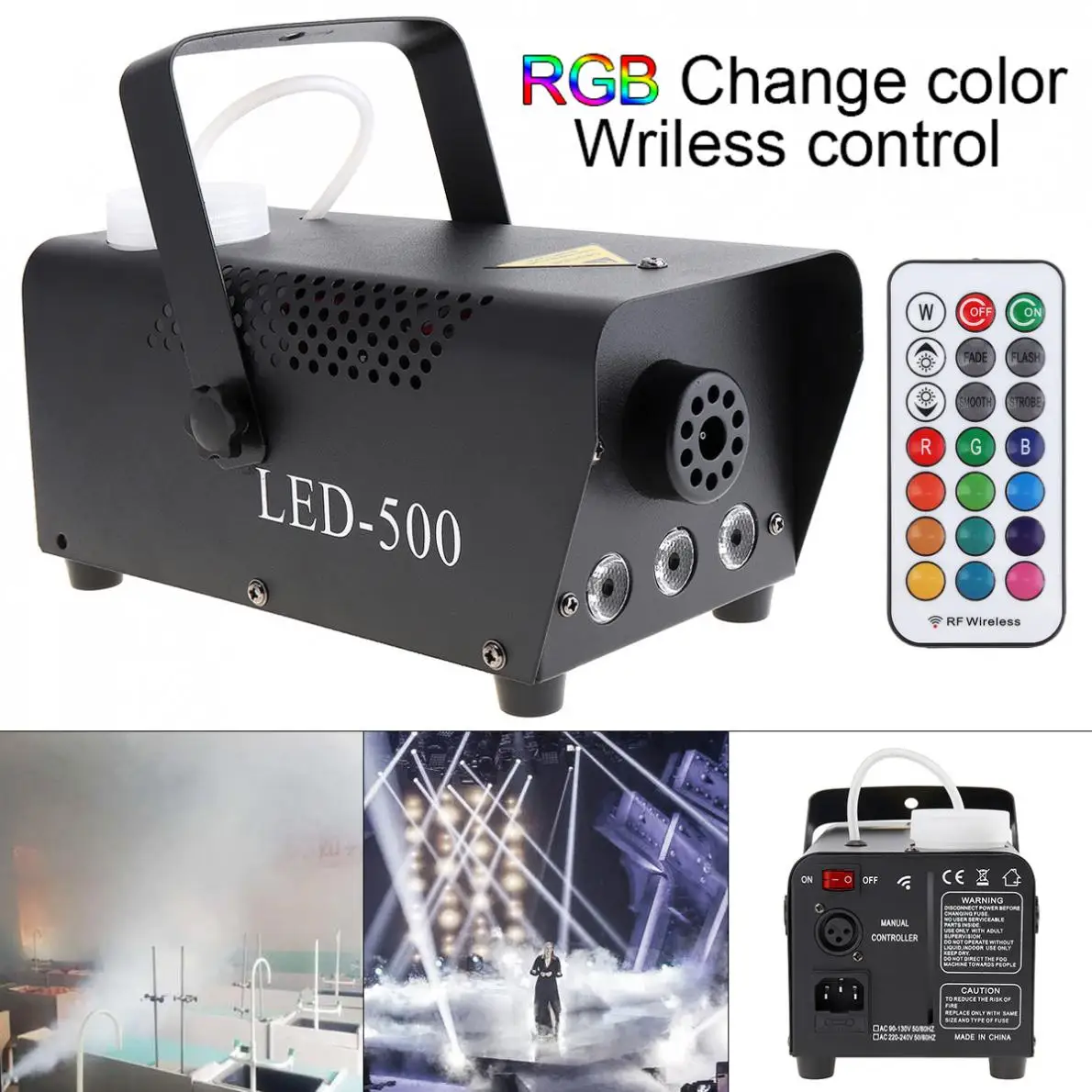 Fog Machine Wireless Control LED 500W RGB Color LED Fog Machine LED Fogger Stage Ejector with Indicate Light for Bar / KTV
Fog Machine Wireless Control LED 500W RGB Color LED Fog Machine LED Fogger Stage Ejector with Indicate Light for Bar / KTV