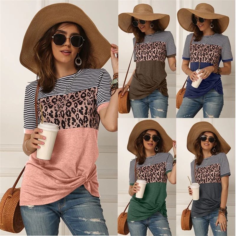 Shorts Sleeve striped Leopard tshirts For Women Summer Round Neck Casual loose tees Tops Lady Fashion Tshirts Clothes
Shorts Sleeve striped Leopard tshirts For Women Summer Round Neck Casual loose tees Tops Lady Fashion Tshirts Clothes