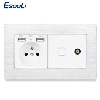 ESOOLI Aluminum Brushed Panel French Standard Socket with 2 USB Charge Port +Female TV Connector and RJ11 Telephone Connector
ESOOLI Aluminum Brushed Panel French Standard Socket with 2 USB Charge Port +Female TV Connector and RJ11 Telephone Connector