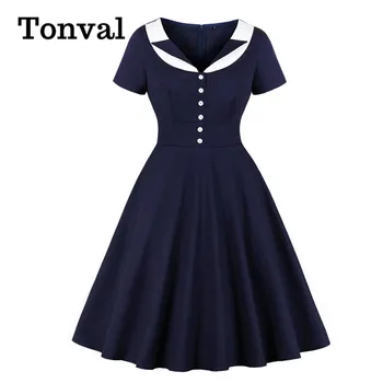 Tonval Navy Blue Contrast Collar Button Rockabilly Robe Swing Dress Women High Waist Elegant Ladies Dresses Vintage Clothes
Tonval Navy Blue Contrast Collar Button Rockabilly Robe Swing Dress Women High Waist Elegant Ladies Dresses Vintage Clothes