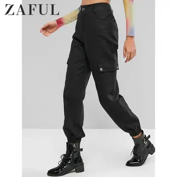 

ZAFUL Flap Pockets Solid High Waisted Jogger Pants Solid Zipper Fly Flat Front Women High Rise Cargo Pants Edgy Look Autumn 2019