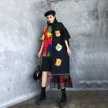2020 Women Spring Autumn Stand Collar Short Sleeve Mesh Splice Plaid Long Shirt Dress Female Loose Plus Size Irregular Dress
2020 Women Spring Autumn Stand Collar Short Sleeve Mesh Splice Plaid Long Shirt Dress Female Loose Plus Size Irregular Dress