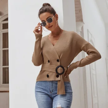 Sexy V-neck Long Sleeve Knitted Jumpers Office Lady Solid Double-breasted Belt Slim Waist Sweaters Women Winter 
Sexy V-neck Long Sleeve Knitted Jumpers Office Lady Solid Double-breasted Belt Slim Waist Sweaters Women Winter