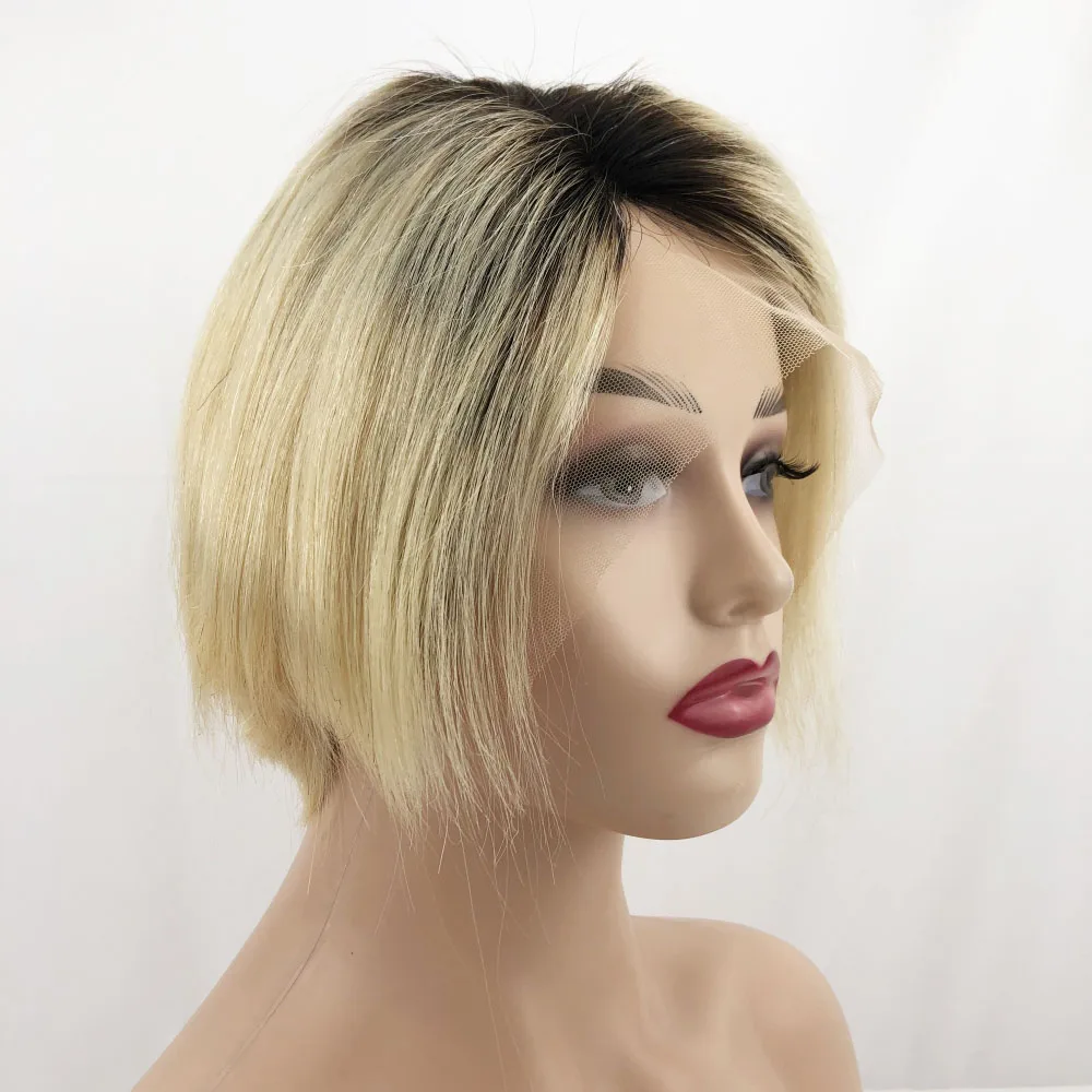 

Short Pixie Cut Wig Human Hair Light Blonde Ombre Bob Wigs Straight Virgin European Remy Hair L Part Lace Wig T1B/613