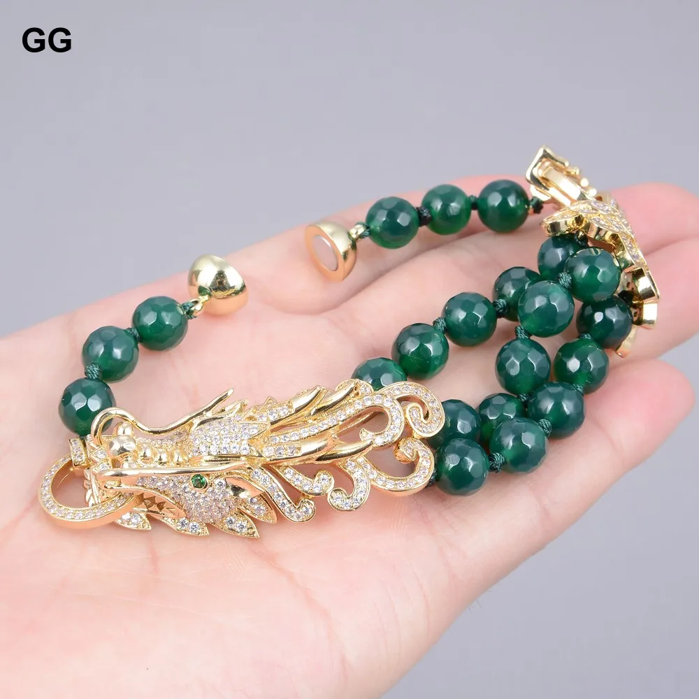 

GG Jewelry Natural 8mm Round Faceted Green Agates Paved Dragon CZ Connector Bracelet For Women Lady Jewelry