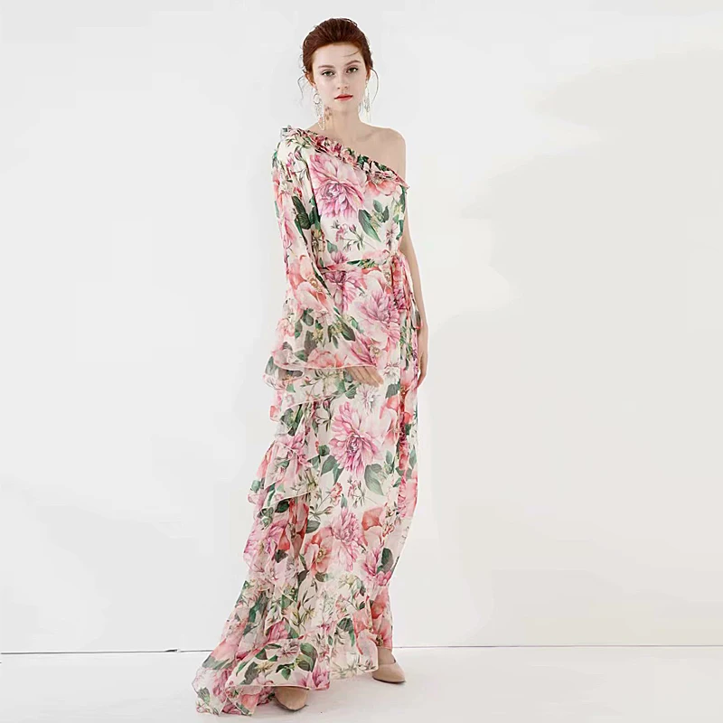 Plus Size Long Dress High Quality Spring 2020 New Women'S Party Sexy Boho Beach Irregular Ruffled Print Chiffon Chic Dresses | Женская