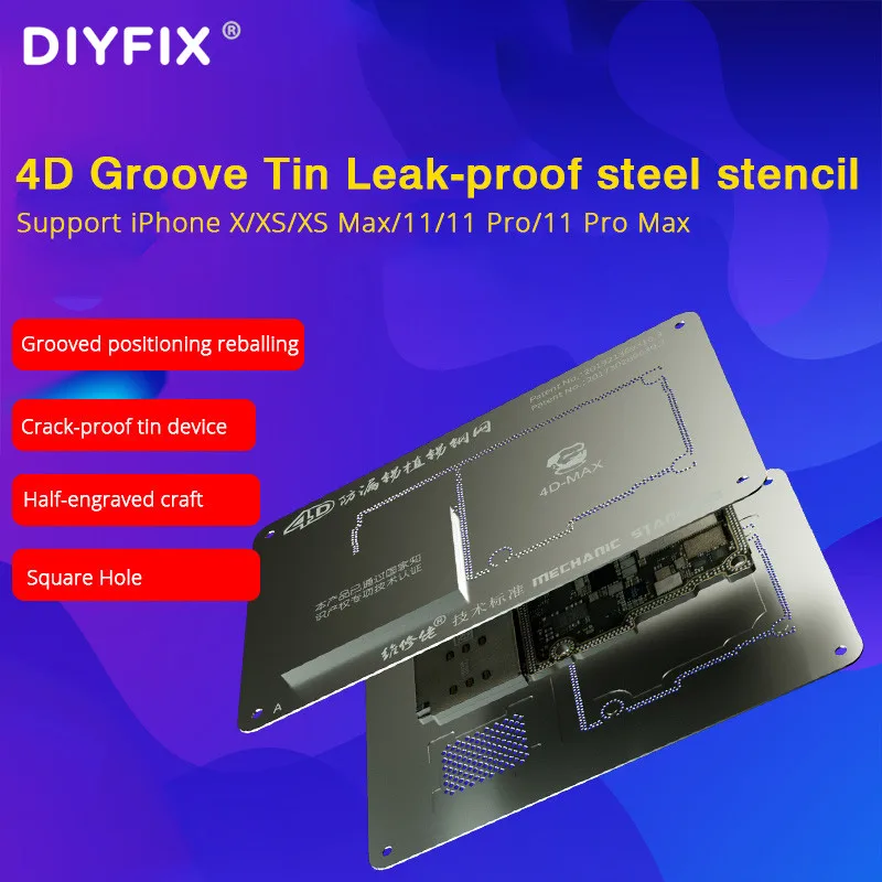 Фото DIYFIX 4D Leakproof Tin Planting Steel For iPhone X/XS/XS Max/11/11 Pro/11 Pro Max Motherboard Logic IC Chip Ball Soldering Net |