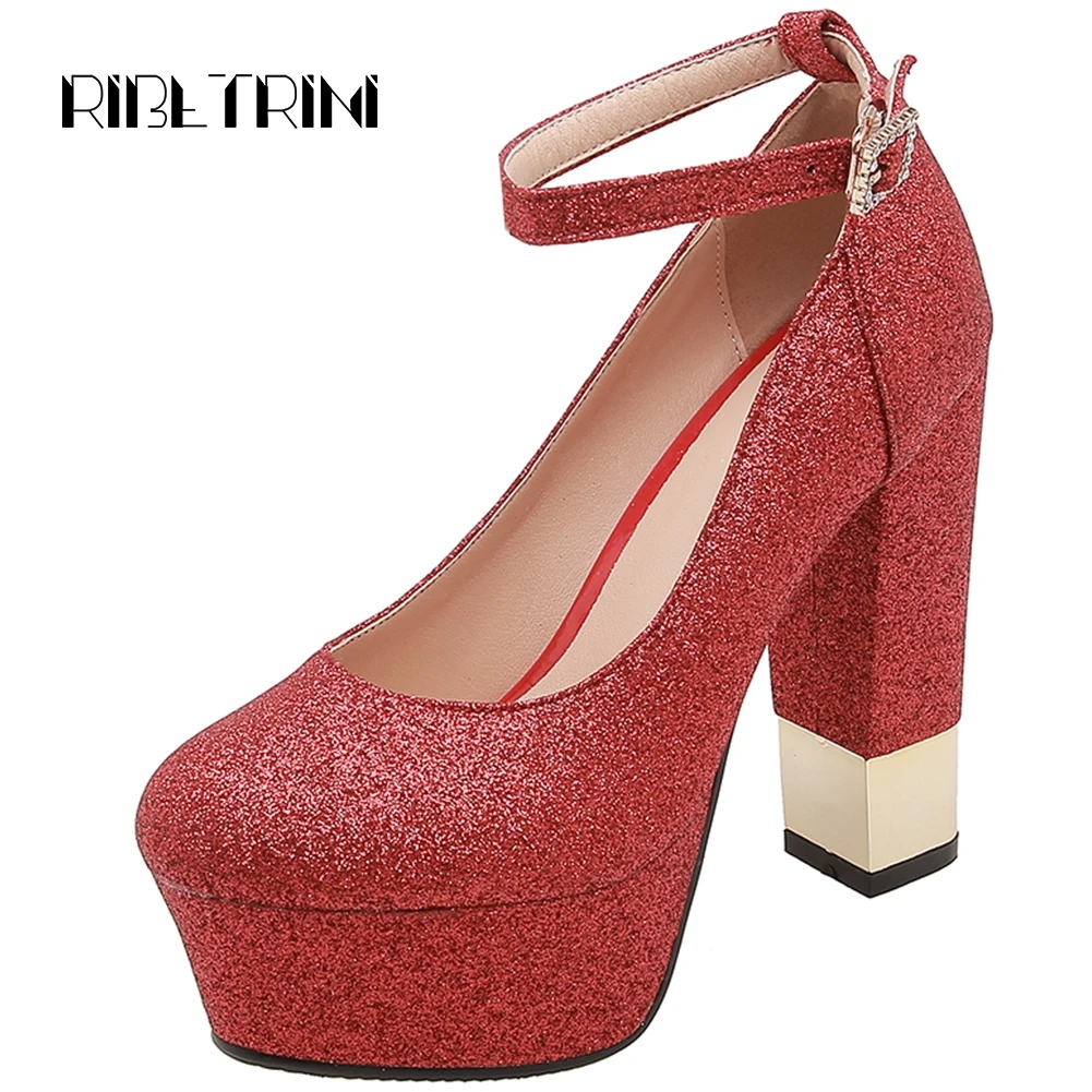 RIBETRINI Retro Ankle Strap Square High Heels Round Toe Platform Party Wedding Office Shoes Woman Glitter Pumps Big Size 32-43 
RIBETRINI Retro Ankle Strap Square High Heels Round Toe Platform Party Wedding Office Shoes Woman Glitter Pumps Big Size 32-43