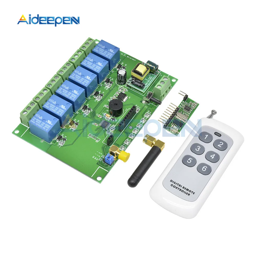6 Channel Relay Module with Remote Control 110-240V RF Receiver 433MHz Remote Channel Control Switch Relay Board Module
6 Channel Relay Module with Remote Control 110-240V RF Receiver 433MHz Remote Channel Control Switch Relay Board Module