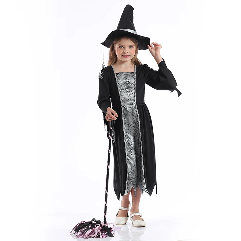 

Костюм ведьмы на Хэллоуин с шляпой, нарядное платье для девочек, детский черный костюм для косплея
