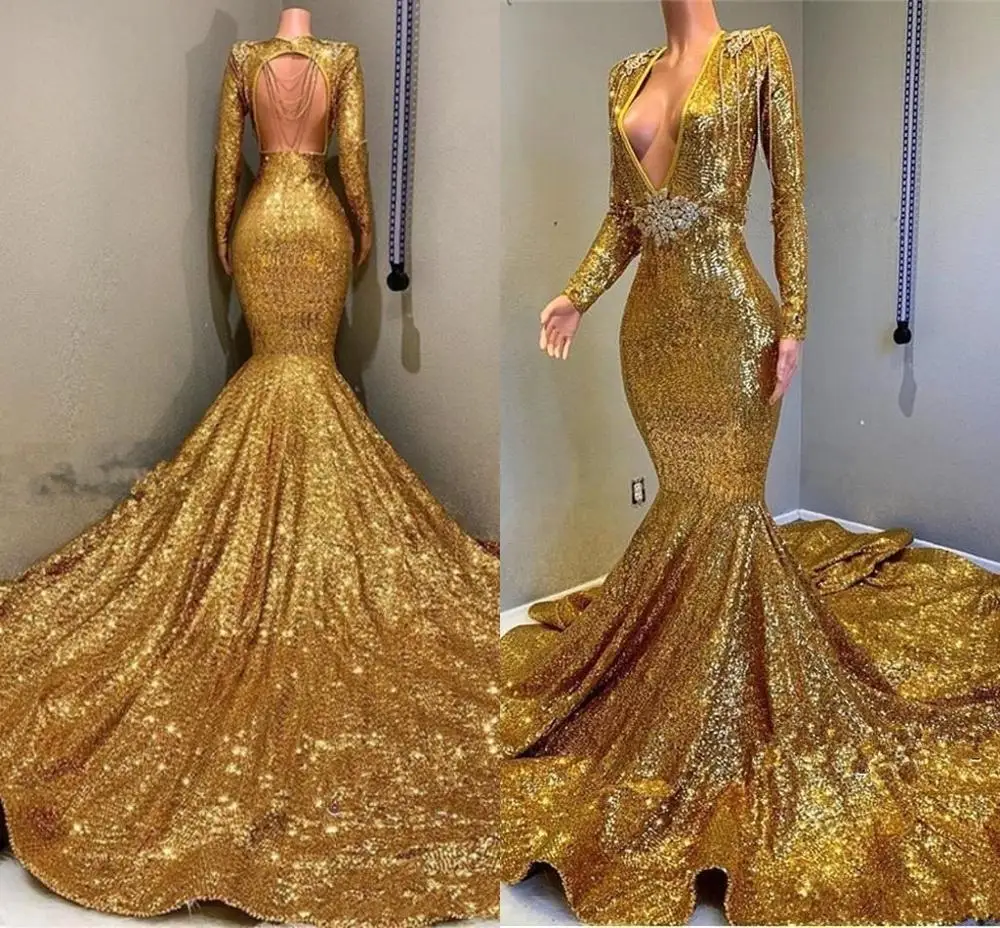 2020 Gold Sparkling Long Sleeves Sequins Mermaid Prom Dresses Deep V Neck Beaded Stones Backless Sweep Train Party Evening Gowns
2020 Gold Sparkling Long Sleeves Sequins Mermaid Prom Dresses Deep V Neck Beaded Stones Backless Sweep Train Party Evening Gowns