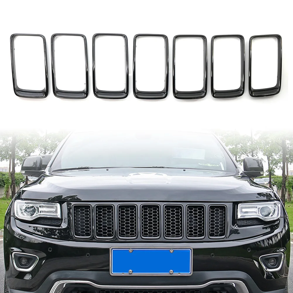 

7Pcs Car Front Grille Grill Inserted Ring Trim Cover For Jeep Grand Cherokee 2014 2015 2016 Gloss Black ABS Plastic
