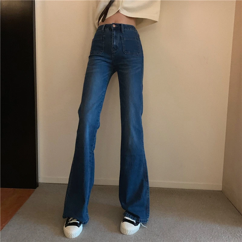 Фото Женские Эластичные расклешенные брюки с высокой талией синие джинсы Осенние