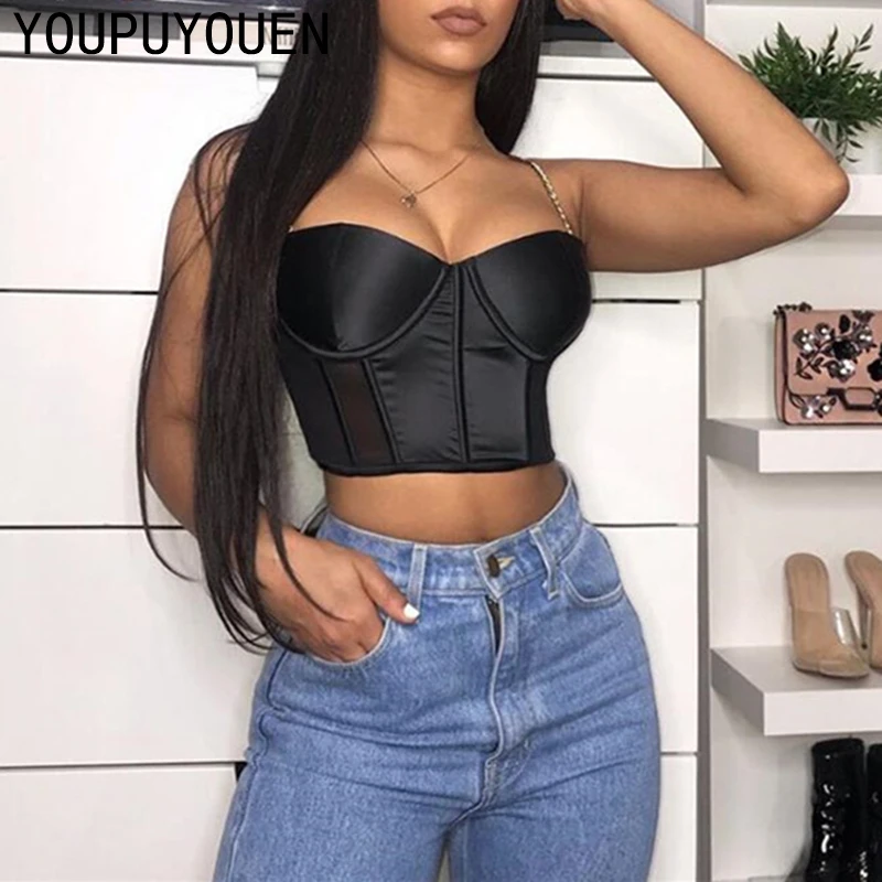 2020 Cami Crop Top Sexy Satin Women Chain Tops Short Camisole Corset Spaghetti Strap Summer Bralette Backless Croptop Black Red