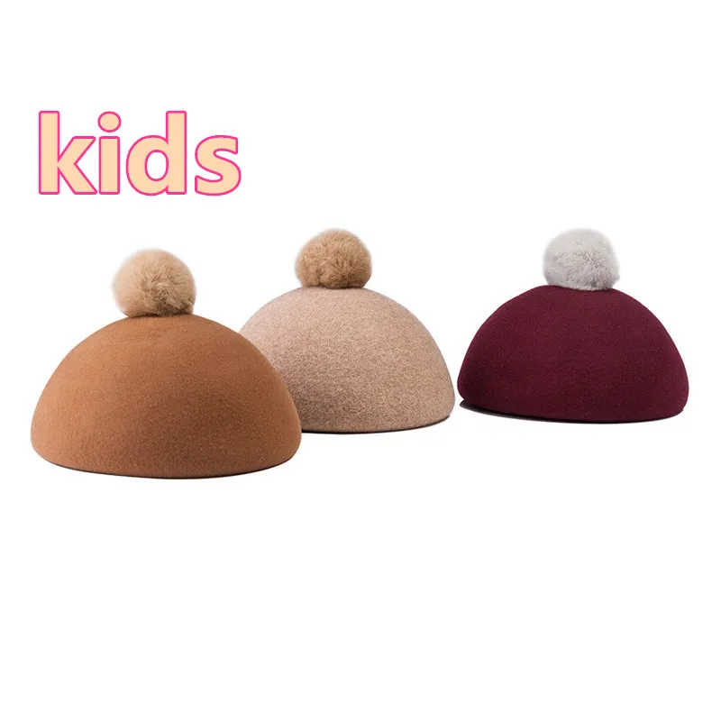 

202109-3017 new autumn winter pompon cute 52cm head size solid wool kids beret cap boy girl children leisure painter hat