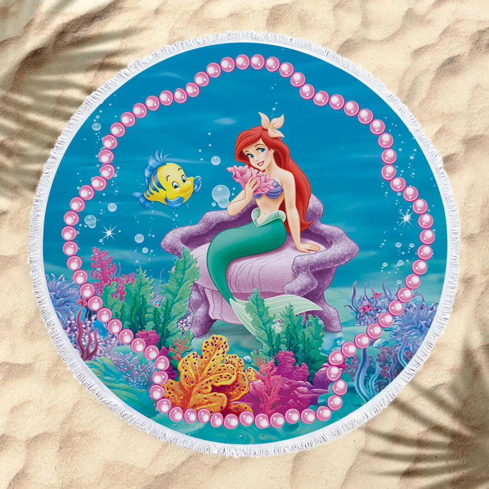 Superfine Fibre round Beach Towel Bath Towel Mermaid Printed Webbing Tassels 150cm Export