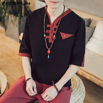 Men Casual Tops Half Sleeve Color-block Retro Casual V Neck Cotton Camisa Masculina Streetwear Chinese Style Shirt 2020 INCERUN 
Men Casual Tops Half Sleeve Color-block Retro Casual V Neck Cotton Camisa Masculina Streetwear Chinese Style Shirt 2020 INCERUN