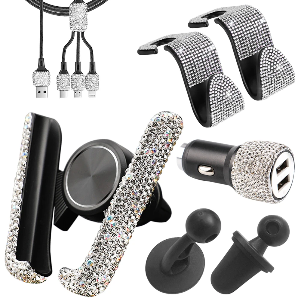5PCS Shiny Car Accessories Set Bling Rhinestone Kit w/ Dual USB Car Charger Air Vent Phone Mount 3 In 1 Charging Cable and Hooks
5PCS Shiny Car Accessories Set Bling Rhinestone Kit w/ Dual USB Car Charger Air Vent Phone Mount 3 In 1 Charging Cable and Hooks