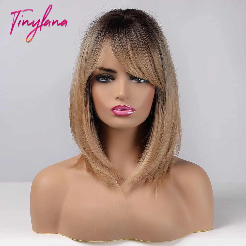 TINY LANA Long Straight Hair With Bangs Ombre Dark Brown Blonde Woman Wigs High Temperature Fiber Synthetic Wigs Cosplay Daily