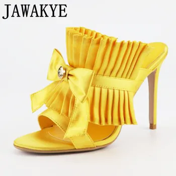 Pink Satin silk Slippers Stiletto Heel Heel Summer Open Toe Sandals Formal Mules Shoes Woman Pleated Bowtie Decor Shoes Women 
Pink Satin silk Slippers Stiletto Heel Heel Summer Open Toe Sandals Formal Mules Shoes Woman Pleated Bowtie Decor Shoes Women