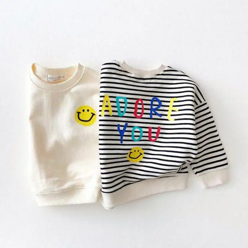 Spring New Fashion Smiley Print Baby Long Sleeve T Shirts Cotton Kids Striped Sweatshirt Girl Autumn Boy Casual | Детская одежда и