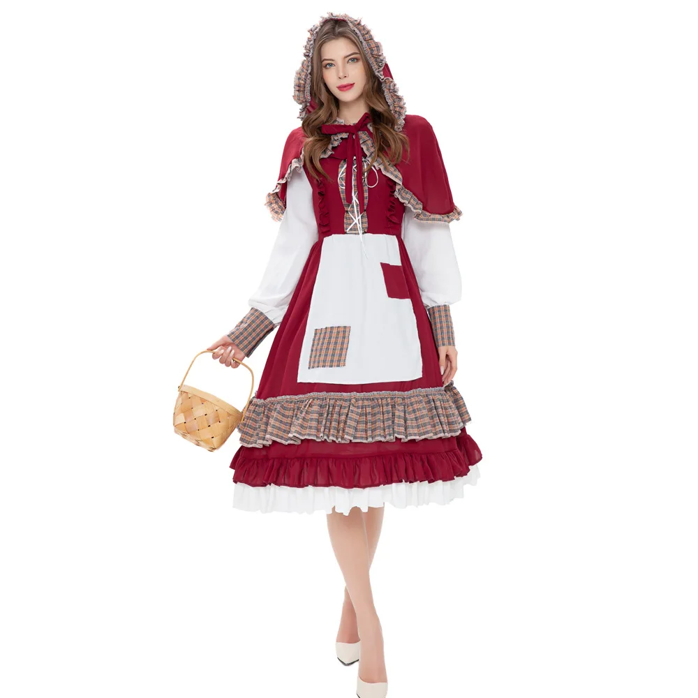 

Adult Maid Cosplay Costume Lolita Dress Medieval Sweet Wine Red Gothic Sexy Party Fancy Girl Halloween Little Red Riding Hood