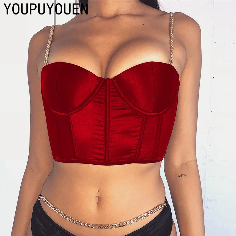 2020 Cami Crop Top Sexy Satin Women Chain Tops Short Camisole Corset Spaghetti Strap Summer Bralette Backless Croptop Black Red