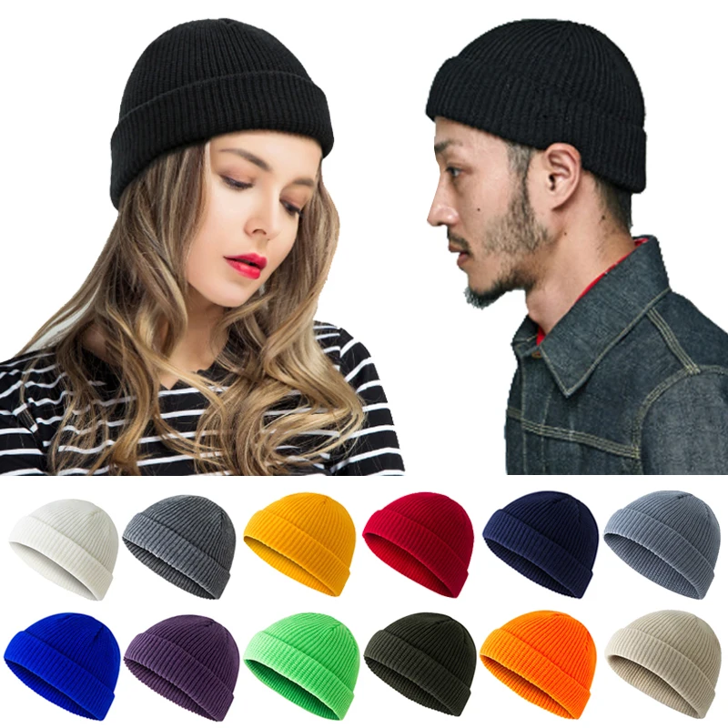 

Unisex Winter Ribbed Knitted Cuffed Short Melon Cap Solid Color Skullcap Baggy Retro Ski Fisherman Docker Beanie Hat Slouchy