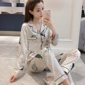 Long Sleeve Silky Casual 2 PCS Shirt&Pant Plus Size 5XL Women Pajamas Set Satin Lounge Pajamas Suit Spring 2PCS Sleepwear 
Long Sleeve Silky Casual 2 PCS Shirt&Pant Plus Size 5XL Women Pajamas Set Satin Lounge Pajamas Suit Spring 2PCS Sleepwear