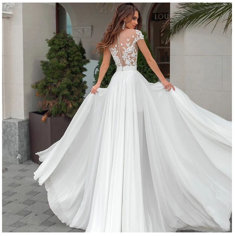 Simple Boho Wedding Dress High Split Appliques Chiffon Bride Dresses Sheer Neck A-Line Wedding Gown vestidos de noiva
Simple Boho Wedding Dress High Split Appliques Chiffon Bride Dresses Sheer Neck A-Line Wedding Gown vestidos de noiva