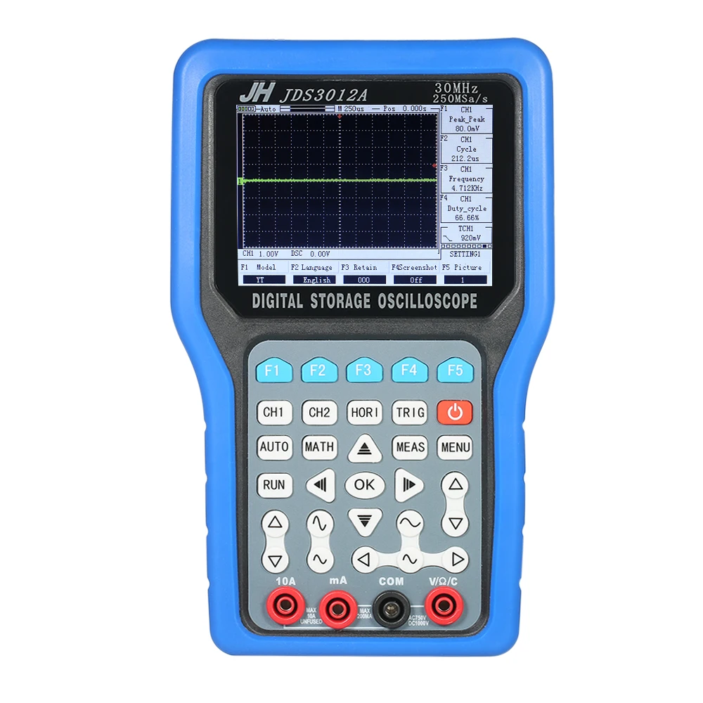 Multi-functional Handheld Digital Storage Oscilloscope 2 Channels Scope Meter 30MHz 250MSa/s Multimeter with Signal Generator
Multi-functional Handheld Digital Storage Oscilloscope 2 Channels Scope Meter 30MHz 250MSa/s Multimeter with Signal Generator