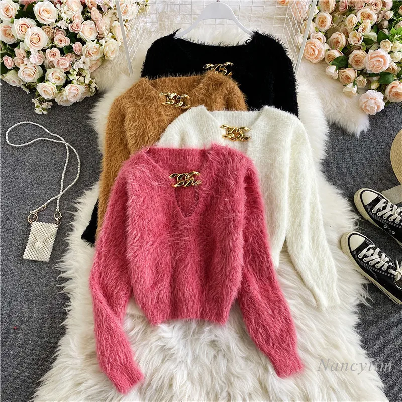 Artificial Mink Sweater for Women Chain V Neck 2021 Spring Autumn Pullover Chest Hollow Out Long Sleeve Short Furry Knit Top
Artificial Mink Sweater for Women Chain V Neck 2021 Spring Autumn Pullover Chest Hollow Out Long Sleeve Short Furry Knit Top