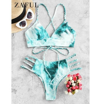 

ZAFUL Tie Dye Bikini Set Braided Straps Lattice Bikini Swimwear Lace Up Swimsuit Sexy Summer Wire Free Bathing Suit Female