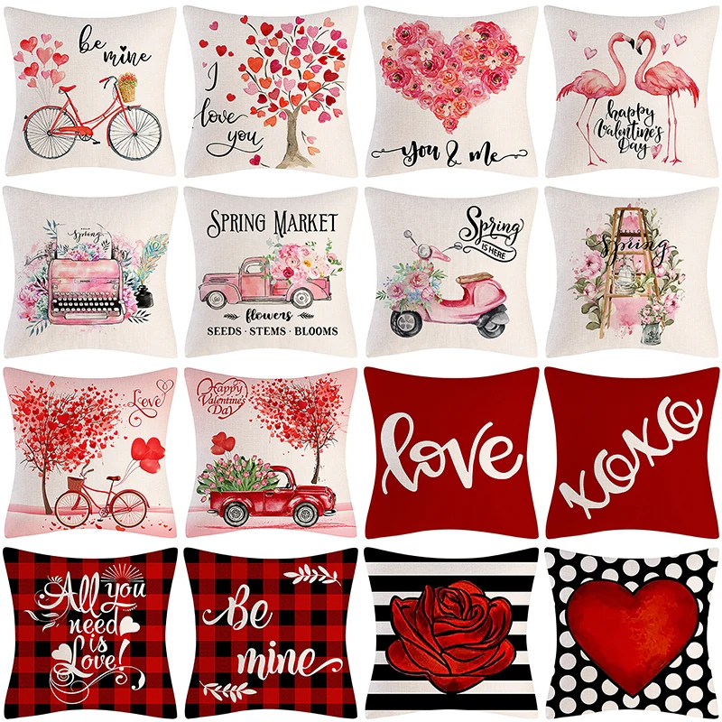 Valentine's Day Decorations Cushion Cover 45x45 cm Pillow Home Decor Rose Love Tree Flower Bike Printed Linen Pillowcase | Дом и сад