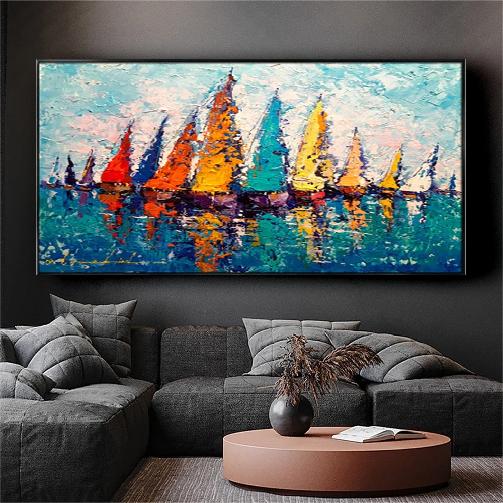 

Large Color Seascape Canvas Poster Hand-Painted Sailboat Oil Paintings Abstract Wall Art Modern Knife Picture Decor Living Room