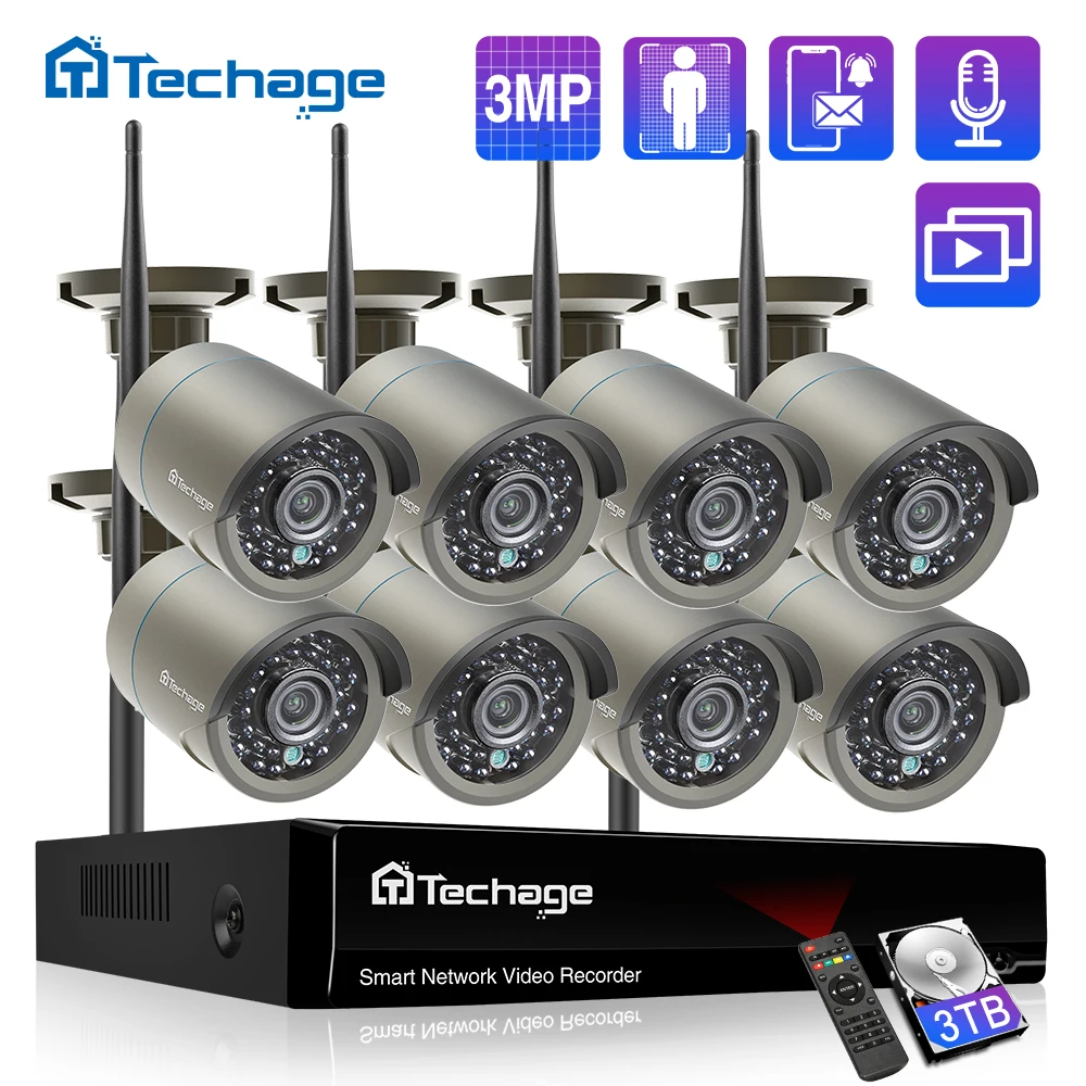 Techage H.265 8CH 3MP беспроводная видео камера система наружная аудио запись Wifi IP P2P