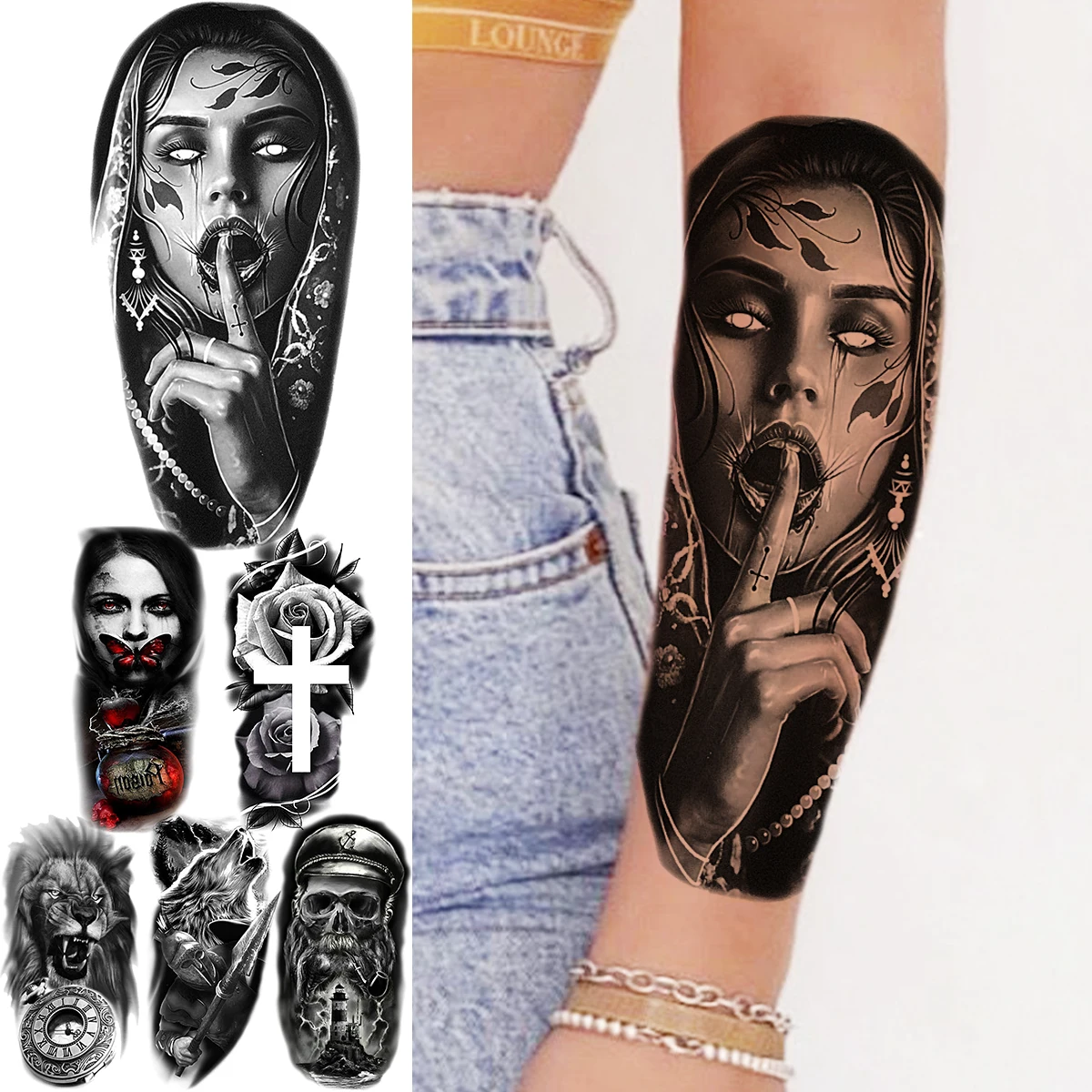 3D Realistic Black Egypt Indian Temporary Tattoos For Women Adult Vampire Lion Flower Pirate Fake Tattoo Sexy Half Sleeve Tatoos
3D Realistic Black Egypt Indian Temporary Tattoos For Women Adult Vampire Lion Flower Pirate Fake Tattoo Sexy Half Sleeve Tatoos