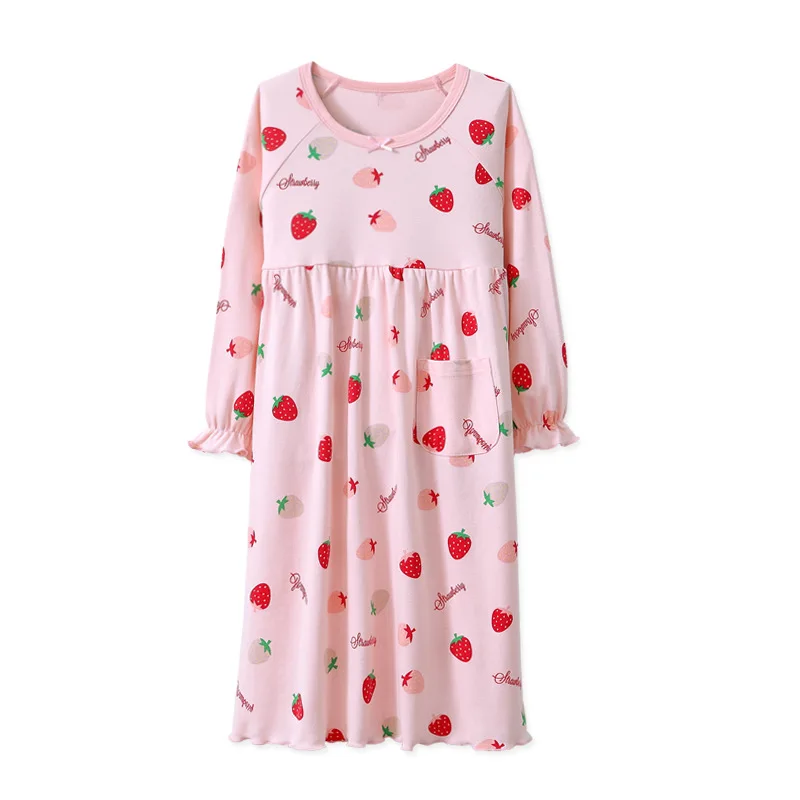 

2020 Autumn Girls Nightdress Long Sleeve Pure Cotton Kids Nightgown Fashion Strawberry Printed Sleepwear For Girls Children