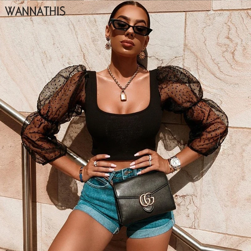 Wannathis Black Puff Sleeve Blouse Patchwork Dot Print Mesh Long Sleeve Deep O-Neck Sexy Women Party Cropped Elegant Top Autumn
Wannathis Black Puff Sleeve Blouse Patchwork Dot Print Mesh Long Sleeve Deep O-Neck Sexy Women Party Cropped Elegant Top Autumn