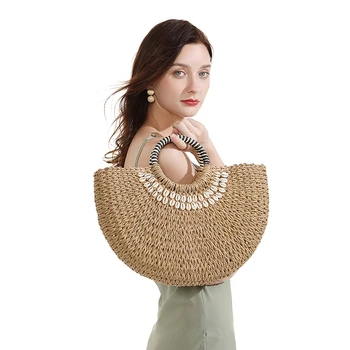 

Travel Summer Beach Bag Large Round Straw Bag Tote Bohemian Quality Handmade Woven Rattan Bags with shell for Women Borsa Mare