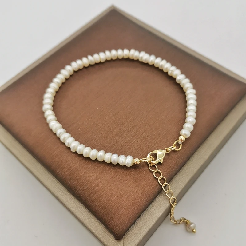 

4mm Natural Freshwater Pearl Tiny Bracelet 14K Gold Filled Adjustable Delicate White Pearl Beaded Boho Bangles Pulsera For Women