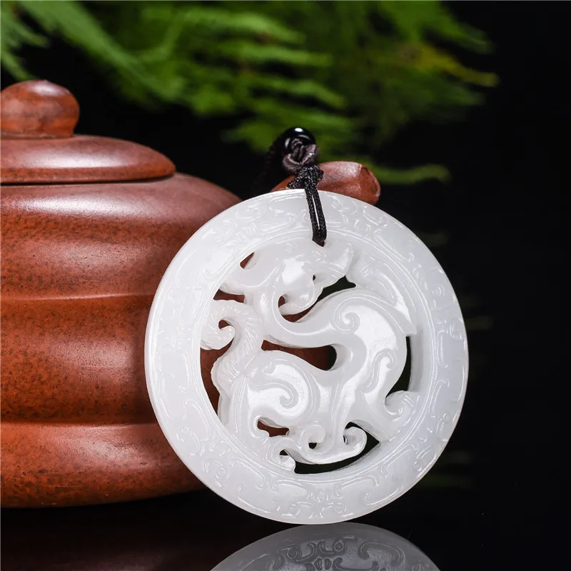Фото Natural White Jade Double Sided Hollow Dragon Pendant Fashion Necklace Jewelry Gifts Meditation Relax Healing Women Man Gift | Украшения и