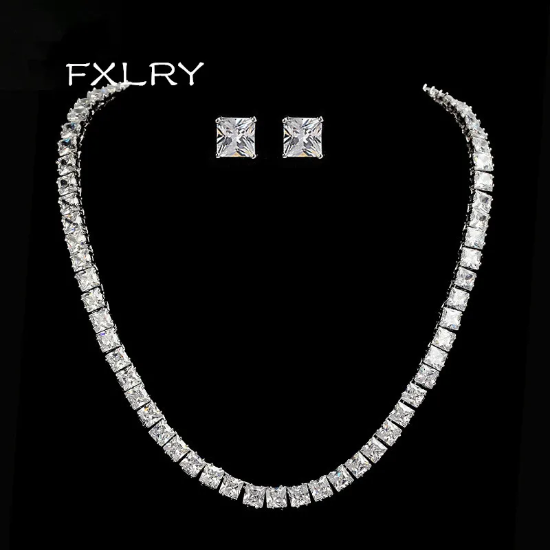 

FXLRY Elegant White Color AAA+ Cubic Zircon Clear Square Choker Necklaces Earring For Wedding Bride Jewelry Sets