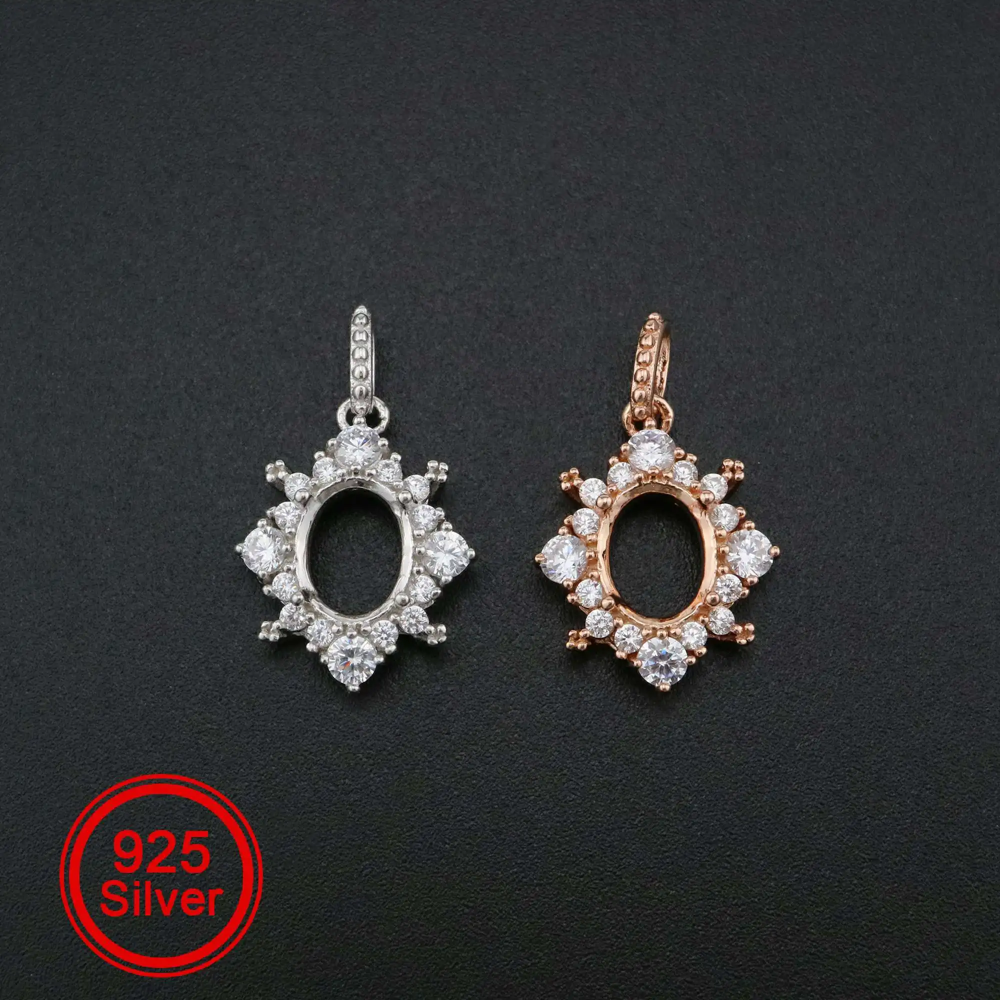 

1Pcs Oval Prong Pendant Settings Snow Flake Rose Gold Plated Solid 925 Sterling Silver Filigree Gemstone Charm Bezel Tray1421132